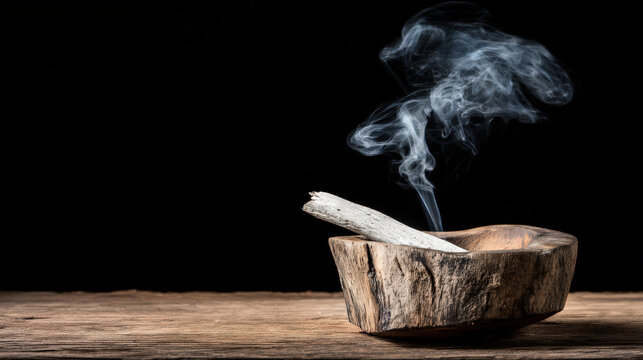 Palo santo humeando dentro de un cuenco sobre fondo negro, utilizado para limpieza energética.